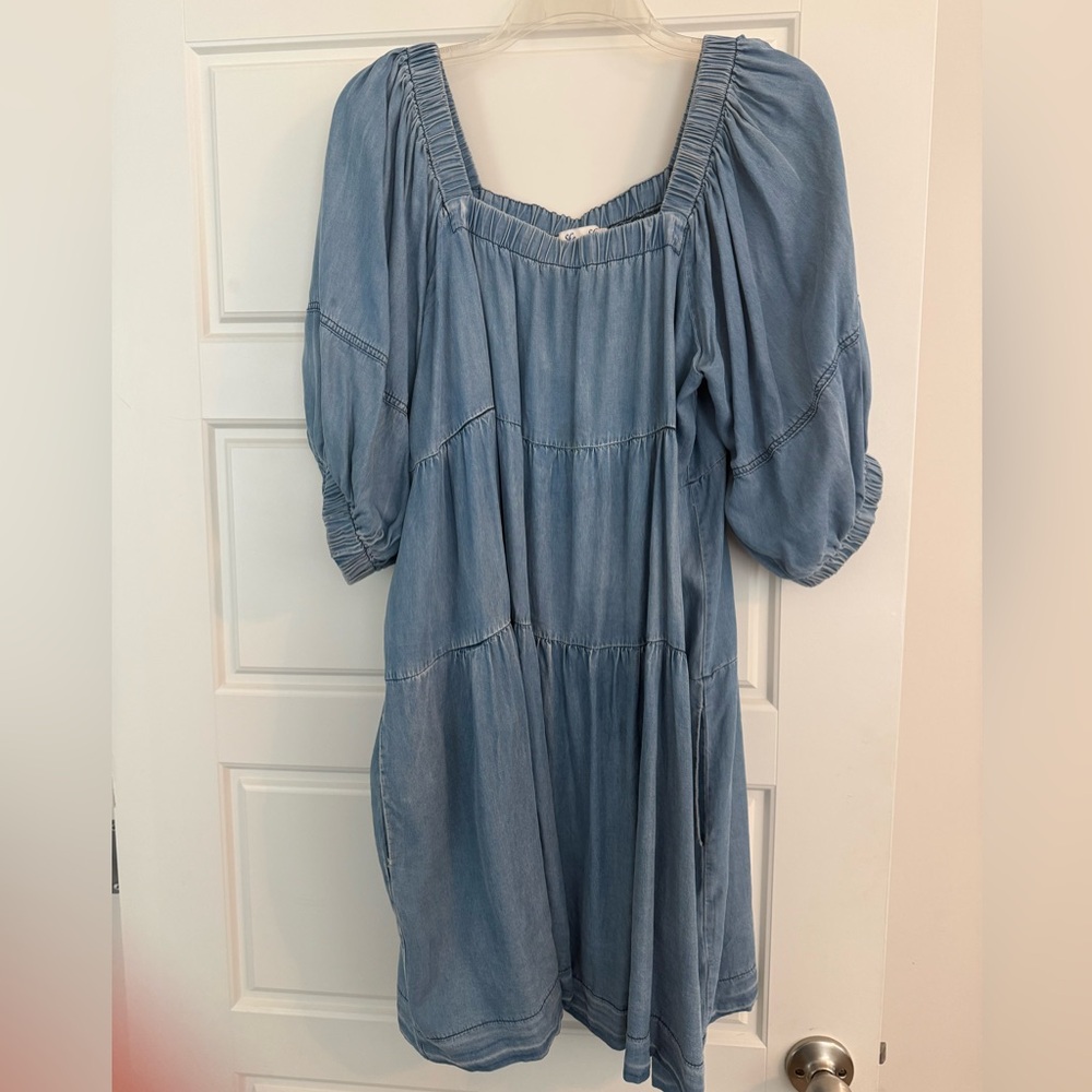 Light Blue Chambray Puff Sleeve Midi Dress